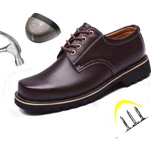 Safety Shoes Men Waterproof Leather Lace Up Rubber Sole Steel Toe Anti Smashing Wearable Non-slip Puncture Proof Work Boots Male