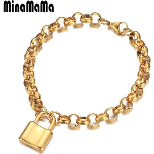 Stainless Steel Round Thick Chain PadLock Bracelet For Women Men Jewelry Lock Charm Bracelet Hip Hop Jewelry Gifts