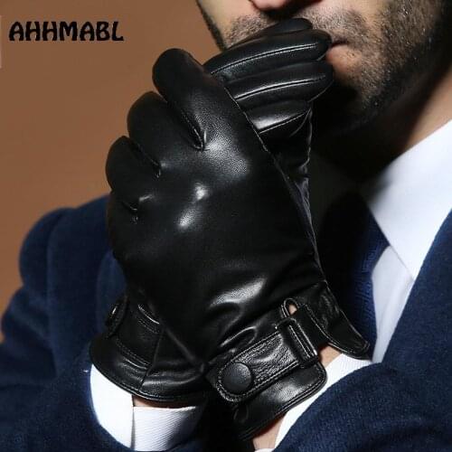 Winter Men Genuine Leather Gloves Touch Screen High Quality Solid Black Real Sheepskin Driving Glove Button Fashion G578