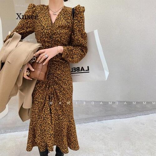 Vintage Folds Floral Print Maxi Dress Women Boho V Neck Puff Sleeve Slim Casual Long Shirt Mermaid Dresses Spring Robe Clothing