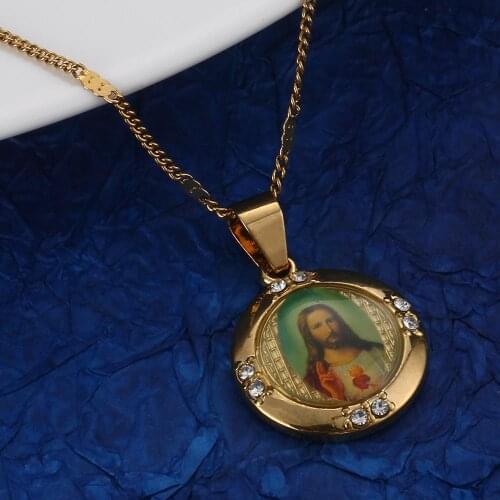 Gold Color Jesus Portrait Pendants Necklace Trendy Portrait Christian Round Chain Jewelry