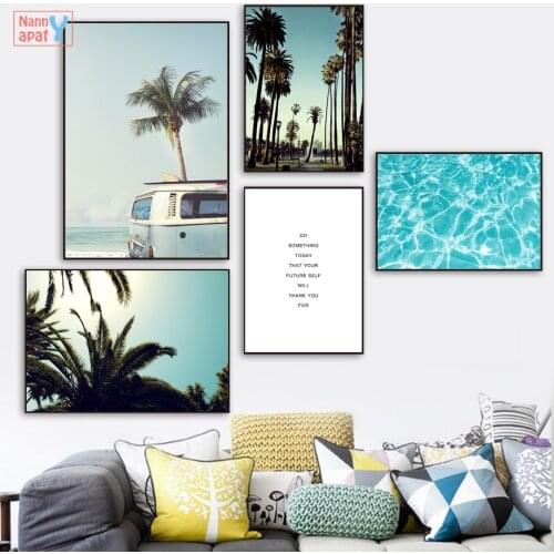 Nordic Seascape Poster Palm Trees Car Beach Ripple Water Quotes Wall Art Canvas Painting Printed Pictures For Living Room Decor