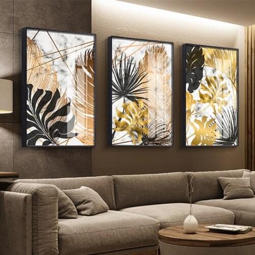Nordic Style Poster Marble Golden Leaf Art Plant Abstract Painting For Living Room Home Decoration Wall Art Pictures