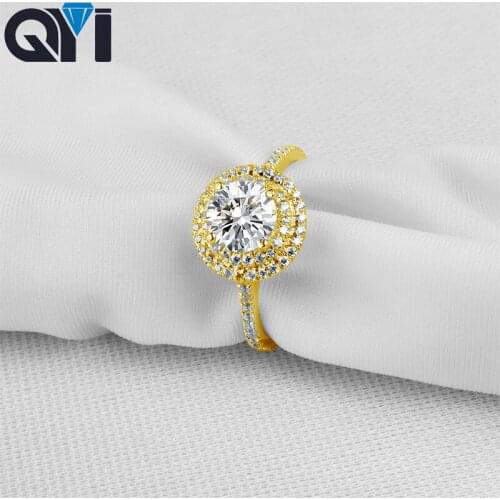 QYI 1 ct Round Cut 14K Solid Yellow Gold Halo Rings Women Sona Simulated Diamond Ring For Engagement Wedding Jewelry
