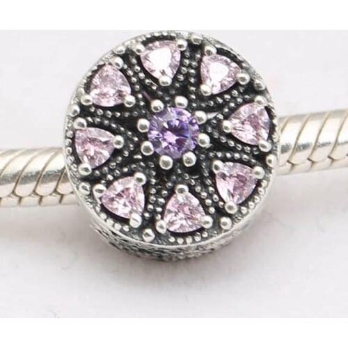 Authentic S925 Bead DIY Jewelry Shimmering Medallion Charm fit Lady Bracelet Bangle Pink CZ Girl Gift