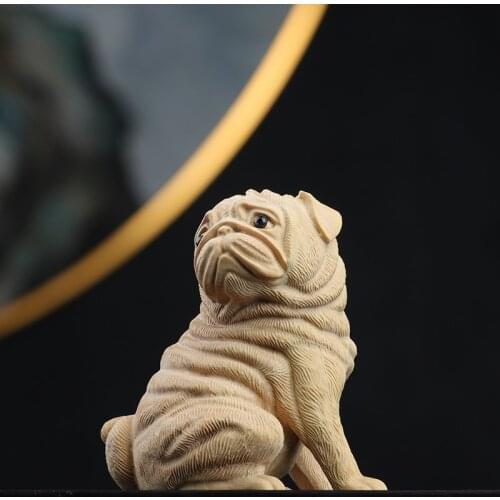 Boxwood 6cm Pug Dog Sculpture Wood Carving Puppy Animal Statue Lucky Dog Home Decor