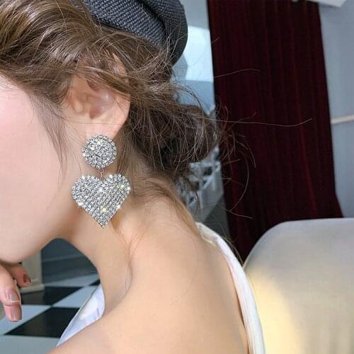 USTAR Bling Crystal Heart Drop Earrings for Women Female Sliver Full Rhinestone Dangle Earrings Fashion Wedding Jewelry Gifts