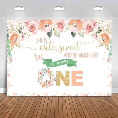 Sweet 1st Birthday Photography Backdrop She is turning one Pink Flowers Backdrop Baby Birthday Party Background for Photo Studio