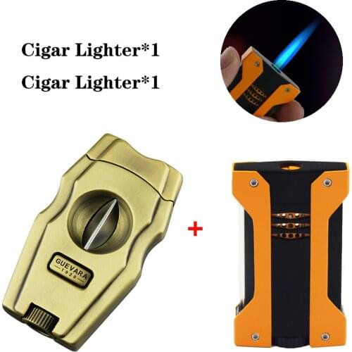 Guevara Jet Torch Cigar Lighter with Cigar Stand Cutter Windproof Flame Butane Torch Refillable Lighters Kit