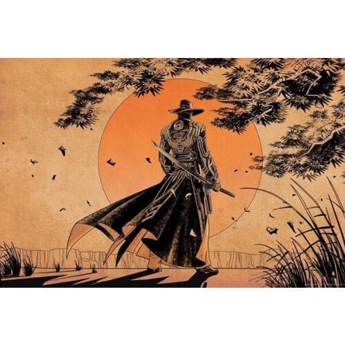 Living room home wall decoration fabric poster digital art drawing men samurai katana coats Sun nature trees leaves windy