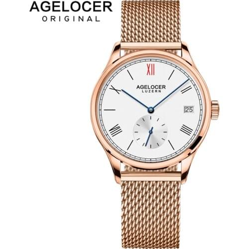 Agelocer Luxury Brand Rose Gold Waterproof Stainless Steel Watch Automatic Day Date Watch 1201D9