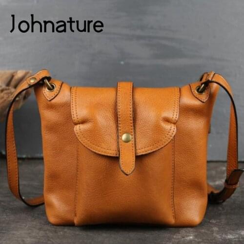 Johnature Genuine Leather Women Bag Retro 2020 New First Layer Cowhide Shoulder Bags Solid Color Hasp Small Lady Messenger Bag