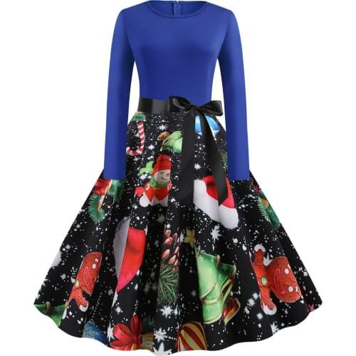 Witbuy Christmas Clothes Big Swing Santa Print Bow Sexy Dresses For Women Vintage O Neck 2021 New Year Party Dress Plus Size 5XL