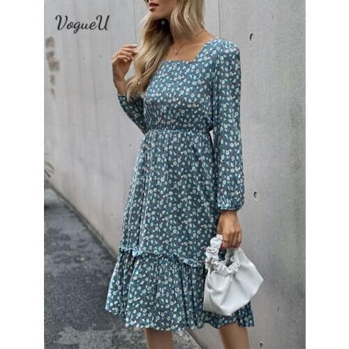 Spring Vintage Long Sleeve Ruffle Floral Printing Chic Dress Elegant Casual Loose Dresses Women Boho Vestidos Ladies Clothes