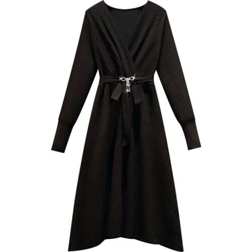 New Style Knitted Long Sleeve Women Clothes Elegant Sashes Ukraine Black Office Ladies Chic Dress Women Plus Size Dress Robes