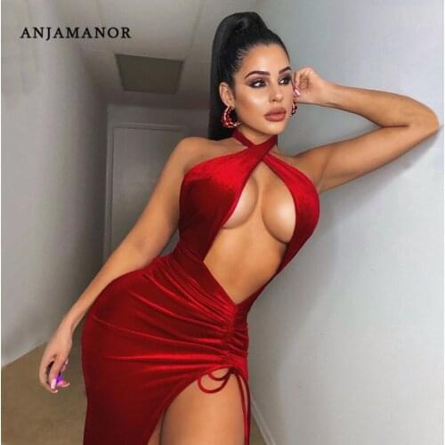 ANJAMANOR Sexy Party Night Club Birthday Dress for Women Spring 2021 Red Black Velvet Backless High Split Midi Dresses D6-DB30