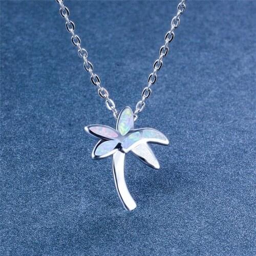 Creative Coconut Tree Pendant White Blue Opal Necklaces For Women Summer Beach Jewelry Vintage Fashion 925 Silver Chain Necklace