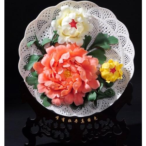 12 "Luoyang peony Dehua ceramic art flower disc hanging plate crafts Home Furnishing decor decoration