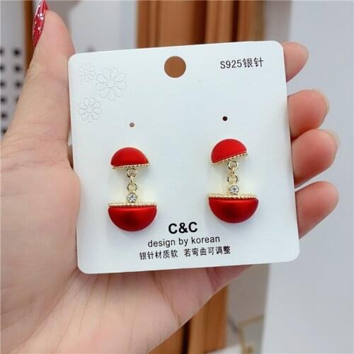 S925 Silver Needle Simple Personality Flashing Diamond Red Semi-circular Size Pearl for Women Piercing Jewelry