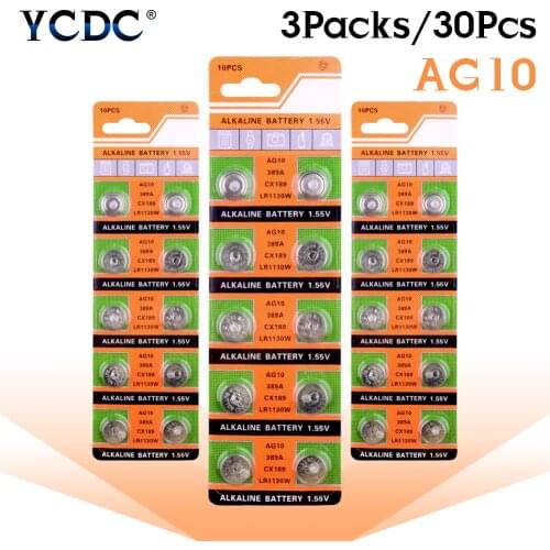 YCDC 30Pcs LR1130 AG10 V10GA Cell Battery Watch Remote Button Coin 189 389 390 LR54 Alkaline Disposable Batteries