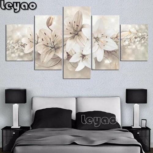 5Pcs Modern Flower Diamond Painting white lilies Wall Art Home Decor Full Diamond Embroidery Needlework 5D Diamond Mosaic Decor
