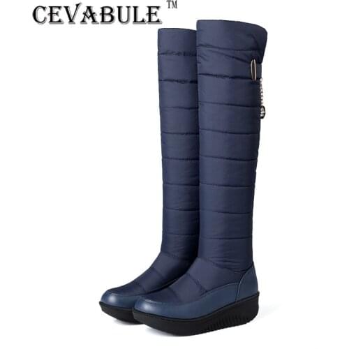 CEVABULE 2021 Thick Feather Flannel Snow Boots Slope Sponge Cake Casual Boots Over Knee Boots Leather Boots Women TYX