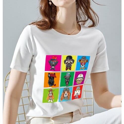 T-shirt Womens Street Fashion Commuter Cute Dog Photo Album Pattern Printing O-neck Ladies Comfortable Casual Soft White Shirt