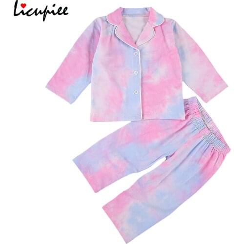Baby Tie-dye Wear Set, Toddler Girls Gradient Color Long Sleeve Lapel Neck Button-up Shirt + Long Pants Elastic Waist 1-6 Years