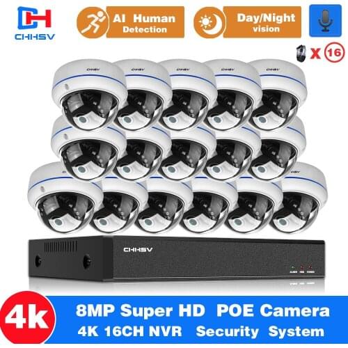 CHHSV H.265 16CH 4K POE NVR Kit 8MP CCTV System 8MP Indoor Outdoor VandalProof Security IP Dome Camera Video Surveillance set