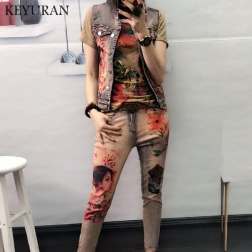 Womens Sexy Elastic Flower Jacket Pants Suit Lady Two Pcs Painting Fashion Trend Denim Skinny Jeans Set Jacket Pants Vest Women