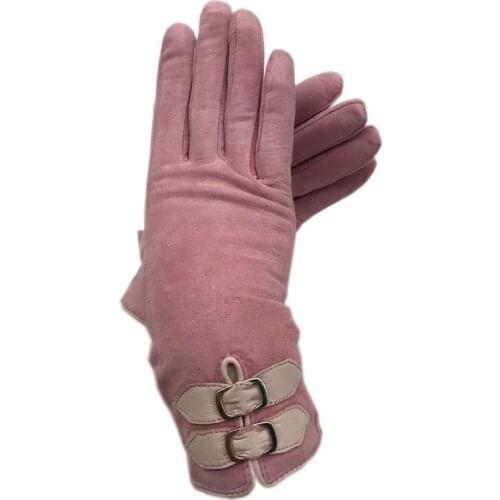 Gloves 2020 new sheepskin suede pink ladies leather fashion winter gloves warm free shipping driving leather comfortable high-en