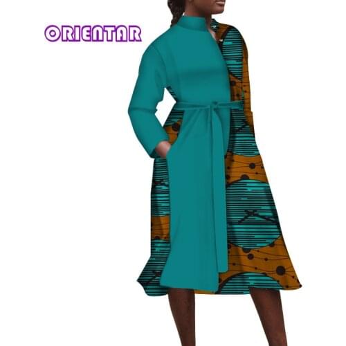African Dresses for Women Bazin African Print Shirt Dress Long Sleeve Office Lady Elegant Party Maxi Dress with Belt WY4952