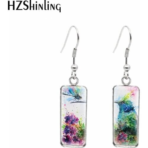 2021 New Dragonfly Pond Rectangular Earring Hummingbird and Dragonflies Fish Hook Earrings Glass Cabochon Handmade Jewelry