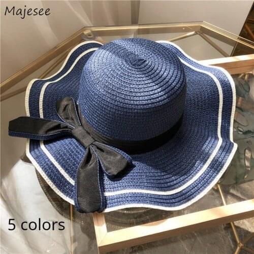Straw Sun Hats Women Patchwork Satin Bow Korean Version Wide Brim Hat Fashion Design Classic Vintage Summer Outdoors Cap Ladies