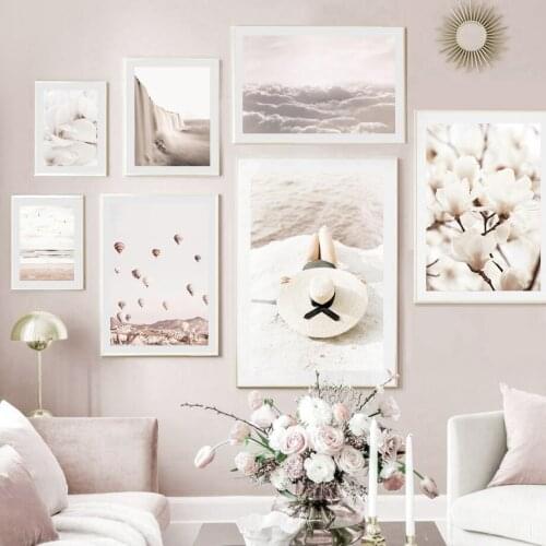 Nordic Natural Scenery Balloon Sky Beach Woman Flower Posters and Prints Canvas Painting Wall Art Wall Paintings for Room Decor