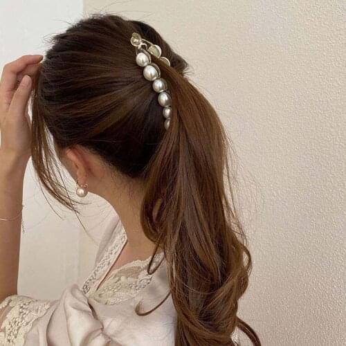 Temperament Korean simple style word clip headdress ins pearl banana clip vertical clip ponytail hairpin hair accessories