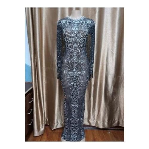 Evening Party Rhinestones Dresses Perspective Sparkly Crystals Long Dress Birthday Celebrate Costume Fringes Dress