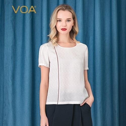 VOA Silk 22 M/m Jacquard Ivory White Summer Streetwear Short SleeveSimple Leisure Commuter T Shirt B89 Women Fashion Tops