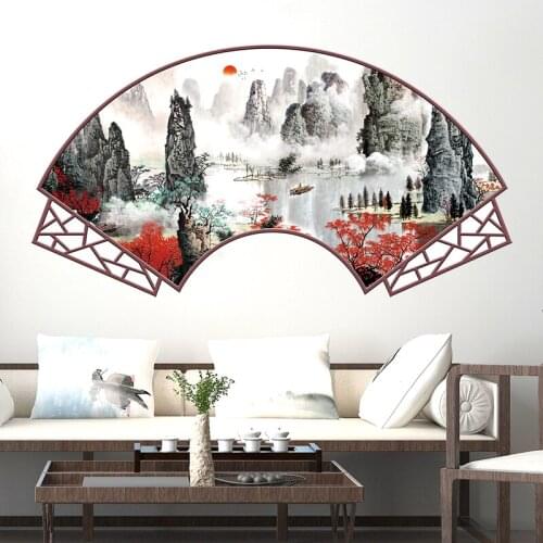 Sunrise Landscape Chinese Style Art Wall Stickers Living Room Bedroom Background Home Decoration Art Mural Decals Wallpaper
