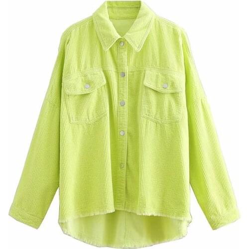 2019 Spring Women Bright Green Color Corduroy Jacket Loose Single Breasted Coat Fashion Button Down Tassel Jacket