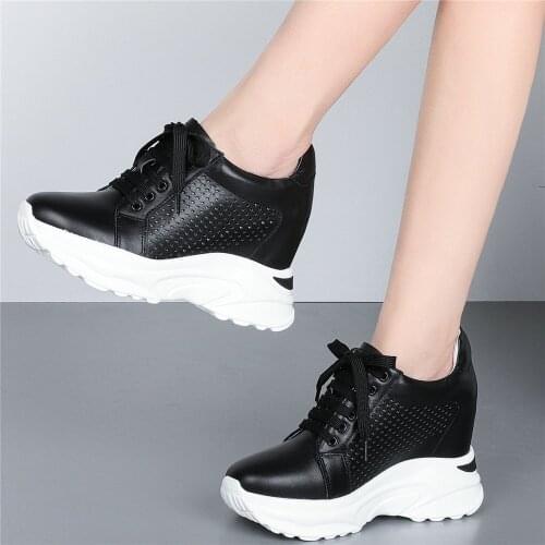 10cm High Heel Creepers Women Lace Up Genuine Leather Hidden Wedges Ankle Boots Female Breathable Fashion Sneakers Casual Shoes