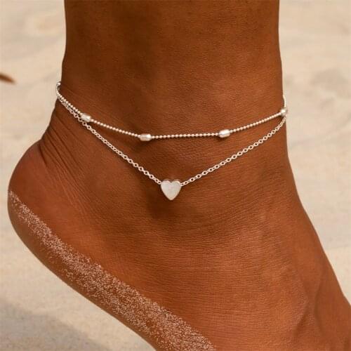 Women Anklets Heart Barefoot Crochet Sandals Foot Jewelry Two Layer Foot Legs Bracelet Anklets