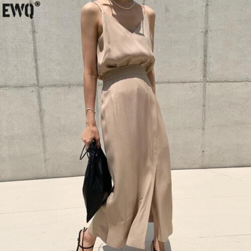 [EWQ] Korea Chic Casual Trendy Women New V-neck Sleeveless Suspender Top+ Loose Fashion Skirt Two-piece Set Summer 2021 16E1757
