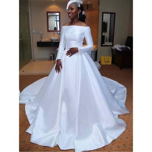 Elegant African Satin Wedding Dresses 2021 vestido de novia Long Sleeved Wedding Gowns Cheap A Line Custom Made Bridal Dress