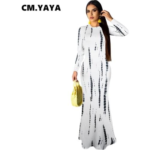 CM.YAYA Women Long Dress Print Full Sleeve O-neck Cut Out Stretchy Bodycon Maxi Dresses Office Lady Fashion Vestidos Autumn 2021