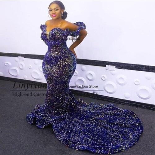 Bling Bling African Sequined Prom Dresses Plus Size Off Shoulder Mermaid Formal Long Evening Gowns Red Carpet Robe De Soiree