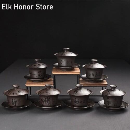 130ml Retro Purple Clay Tea Tureen Handmade Tea Cup Mug Sopera Ceramic Bowl With Lid Kung Fu Tea Pu'er Office Decoration Teaware