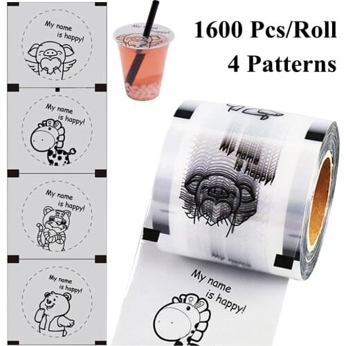 1600 Pcs/roll Cute Cartoon Seal Label Tea Milk Coffee Plastic Cup Sealing Roll Film Pp Paper Cup Sealing Roll