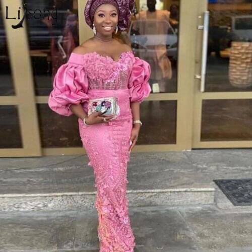 Aso Ebi Style Gorgeous Long Evening Dresses Off the Shoulder Puffy Short Sleeves Pink Prom Dress African Black Women Party Gowns