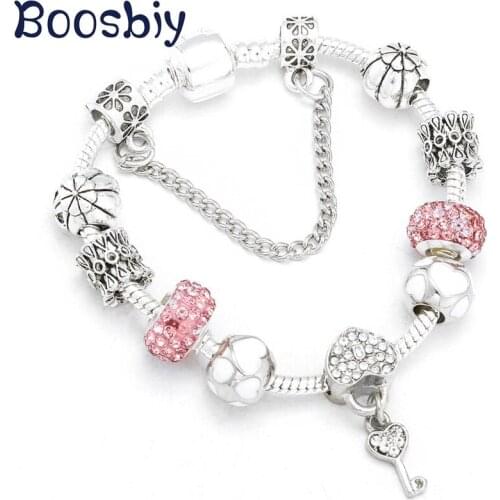 Boosbiy Fashion Crystal Key Beads Charm Bracelets & Bangles Silver Plated Fine Bracelets For Women Jewelry Pulseira